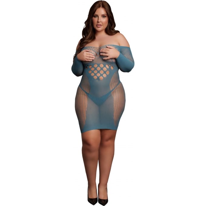 Le Desir - Mini jurk van netstof met lange mouwen - Blauw Plus Size