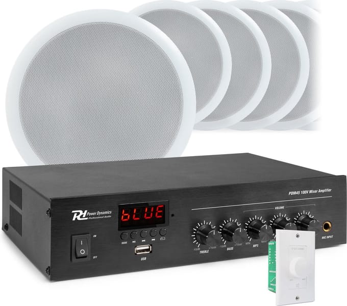 Geluidsinstallatie met PDM45 100V versterker met Bluetooth & 10 CSPB5 plafondspeakers