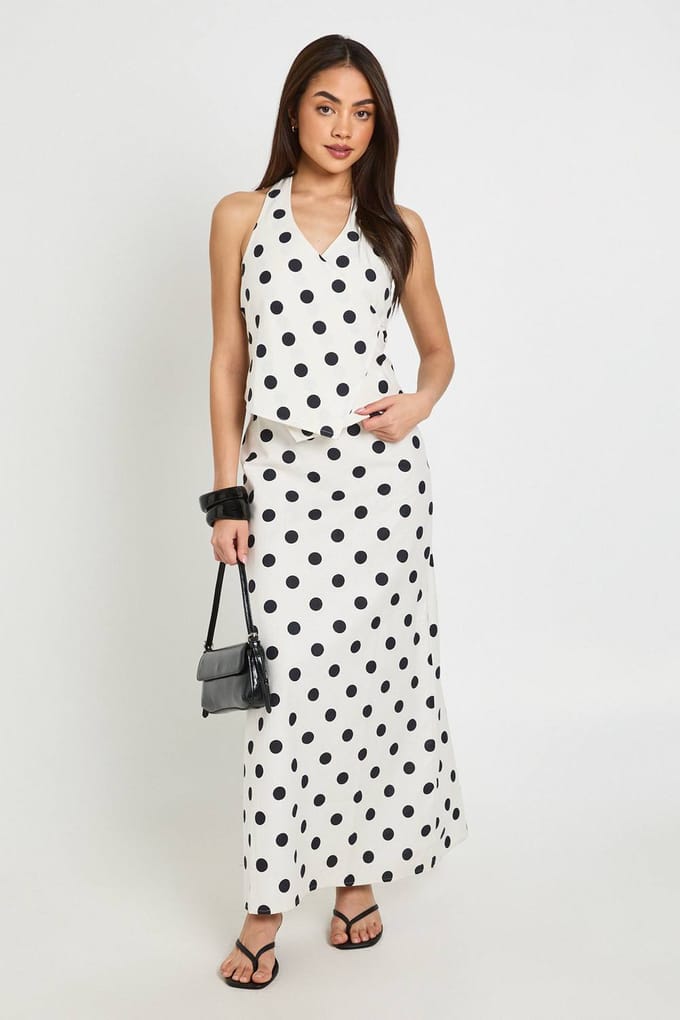 boohoo Dames Haltertop Met Wikkelmodel En Stippenprint In Linnenlook | Wit | Maat: 34