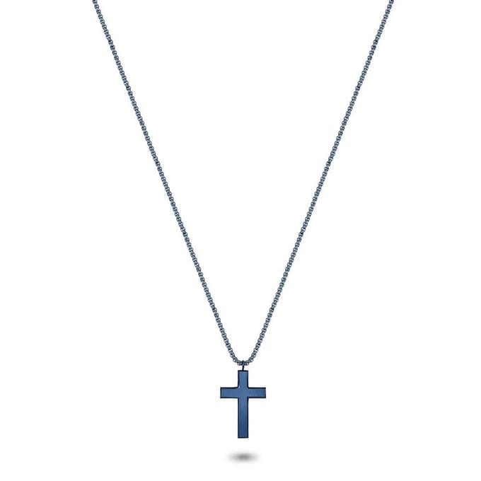 Twice As Nice Halsketting in edelstaal, blauw, zwart kruis 60cm