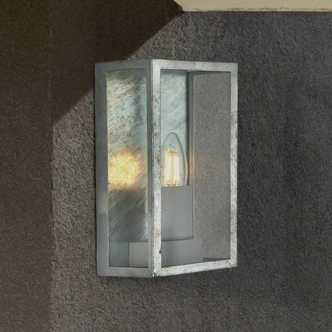 Searchlight Box II buitenwandlamp, zilverkleurig, glas, E27, IP44