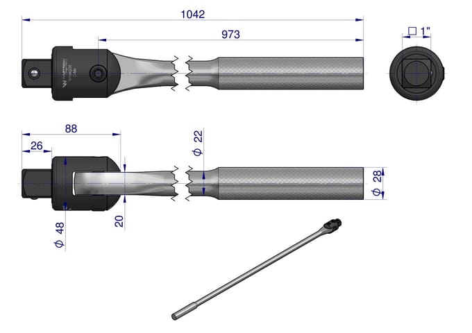 Verstelbare 100cm Dop Verlenger met Kogelgewricht - 1 inch