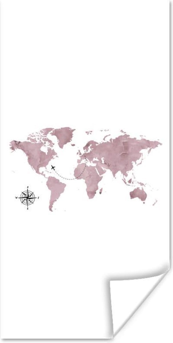 Wereldkaarten - Wereldkaart - Roze - Vliegtuig - 80x160 cm