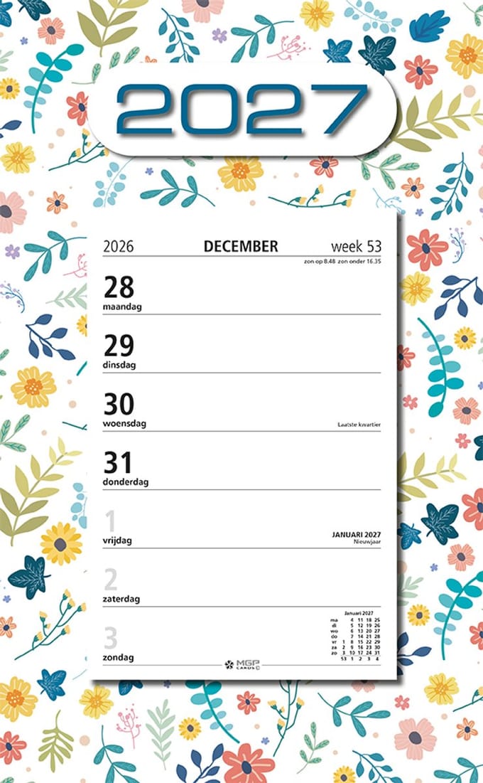 MGPcards - Week Scheurkalender 2027 - Week begint op maandag - 21 x 34 cm - Wit - Bloemen