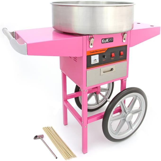 Suikerspinmachine met kar - roze - 50cm - gratis 500 stokjes