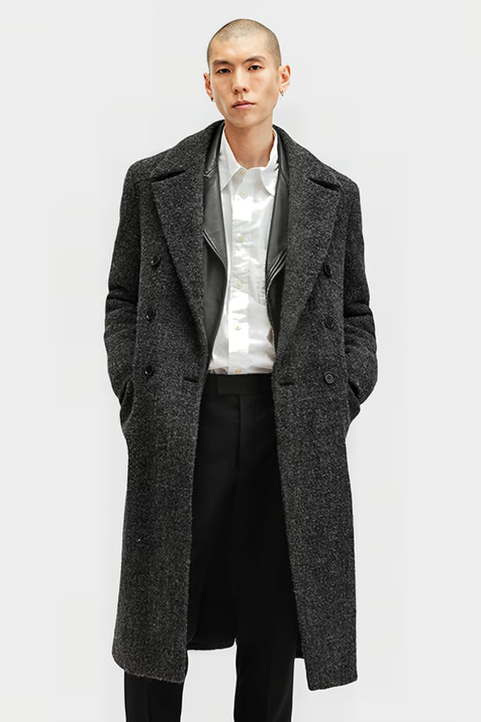 AllSaints Adler Coat Charcoal Grey Größe: 34 | Zweireihige Mäntel Outlet | Herren | Schwarz