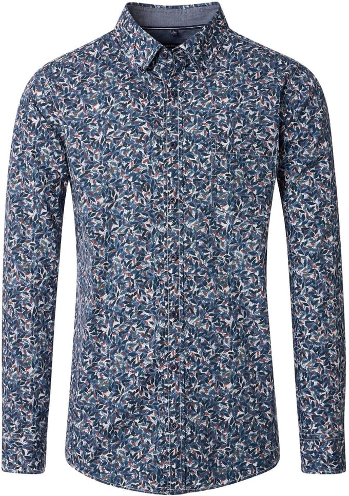 CASA MODA Sport casual fit overhemd - popeline - donkerblauw - lichtblauw en wit dessin