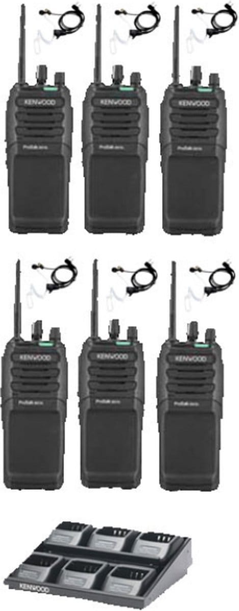 Set van 6 Kenwood TK-3701D IP55 Portofoon met multilader en beveiliging headsets