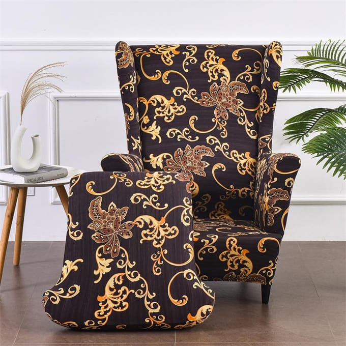 Housse de Chaise Haute à Dossier Imprimé Élastique 2 Pièces Forme Housse de Fauteuil à Oreilles Monoplace black