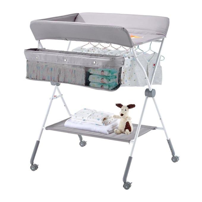Table à langer pliable pour bébé avec panier latéral et roues Gris clair
