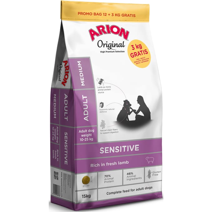 Arion Original Sensitive Medium Breed Lam - 12 + 3 kg gratis
