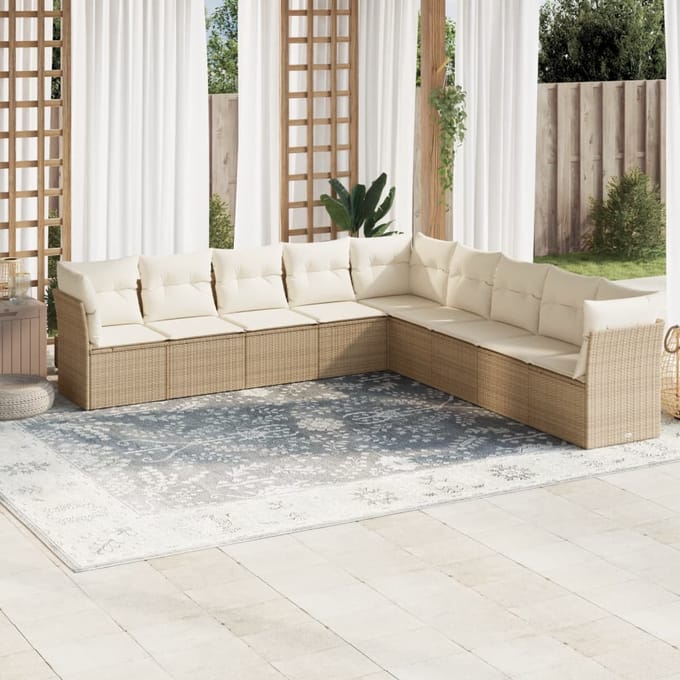vidaXL - 9-delige - Loungeset - met - kussens - poly - rattan - beige