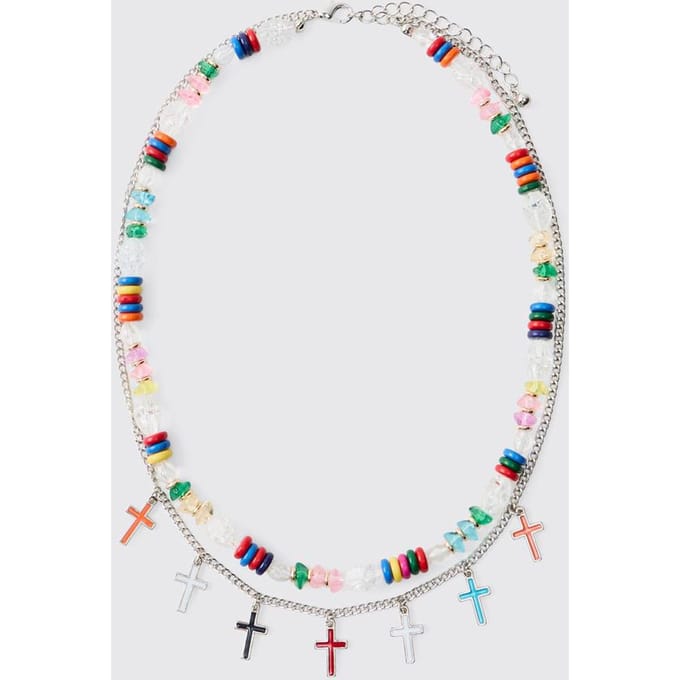 Double Layered Multi-Colour Beaded Cross Necklace