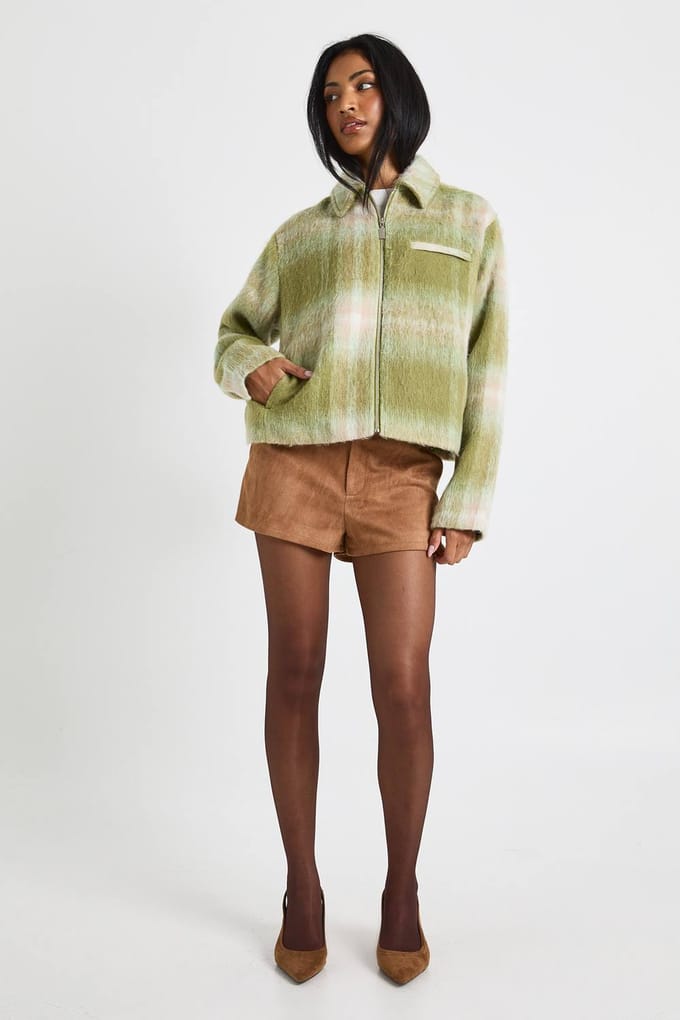 boohoo Dames Wool Look Check Jas | Green | Maat: 10
