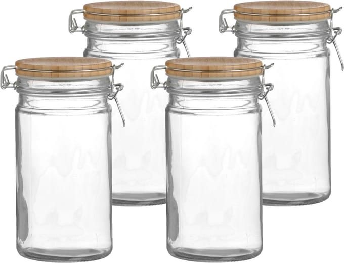 Urban Living Voorraadpot/bewaarpot - 4x - 1L - glas - met beugelsluiting - bamboe deksel