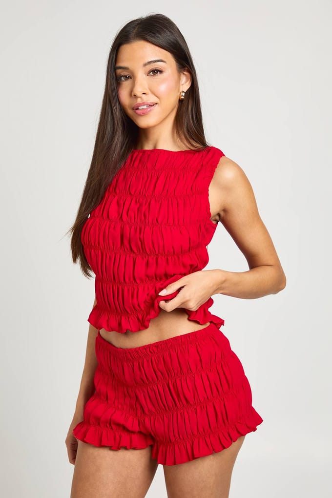 boohoo Dames Chiffon Gesmokkte Mini Short | Rood | Maat: 40