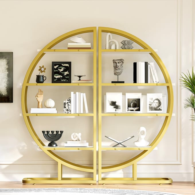 Boekenkast Open Kast Metalen Rek MDF Goud Wit Boogvorm Design N2
