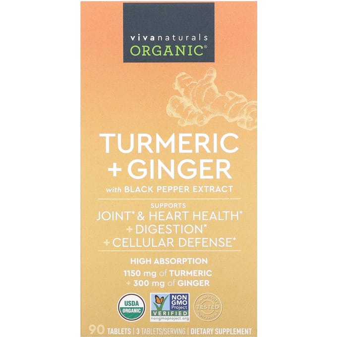 Viva Naturals, Bio, Curcuma + Gingembre, 90 Comprimés