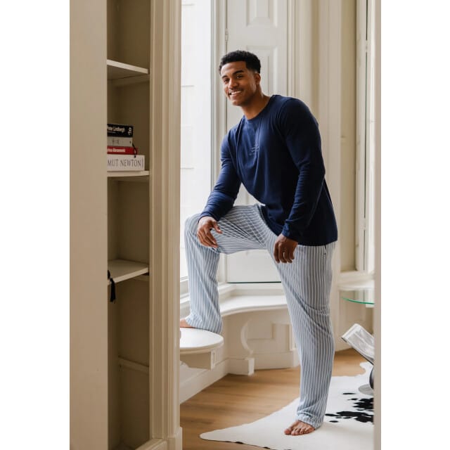 Phil & Co Heren Pyjama Set Lang Donkerblauw/Lichtblauw Gestreept - Maat M