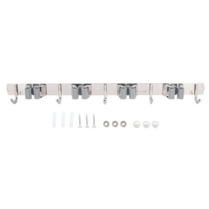 Support mural en acier inoxydable 304 gris pour balais et serpillères, avec 4 supports et 5 crochets white