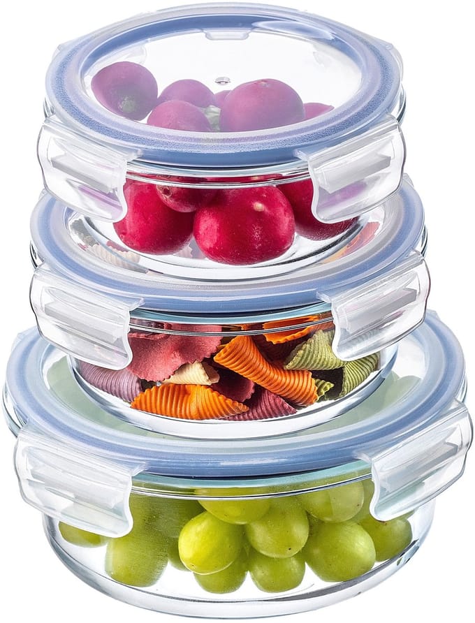 KADAX Hittebestendige glazen container met deksel, voedselcontainer van robuust glas, bewaarcontainer, vriescontainer, vershouddoos (rond set van 3)