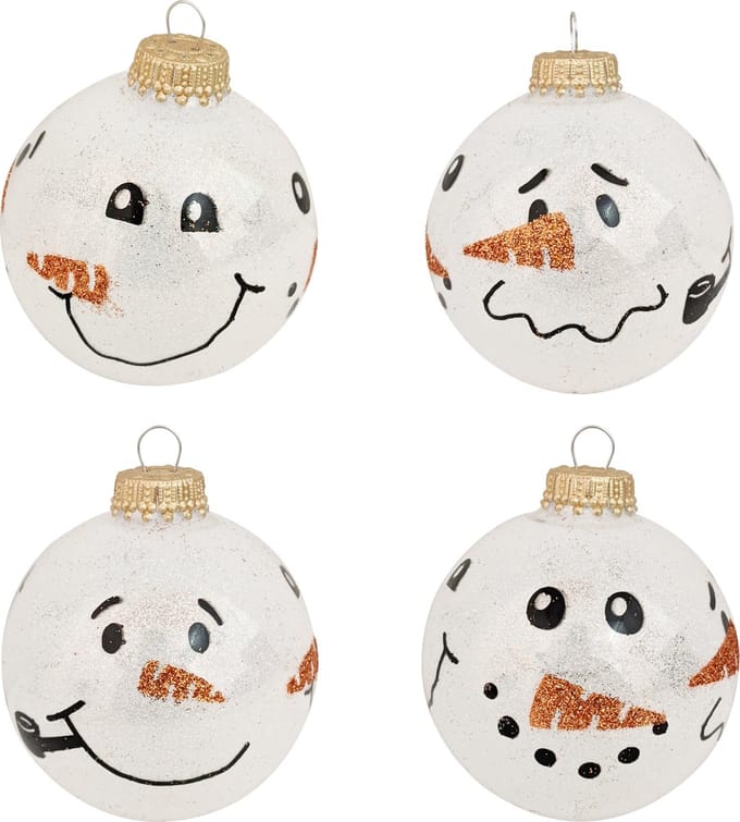 4x Luxe glitter witte glazen kerstballen sneeuwpoppen 7 cm - Kerstversiering/kerstdecoratie wit