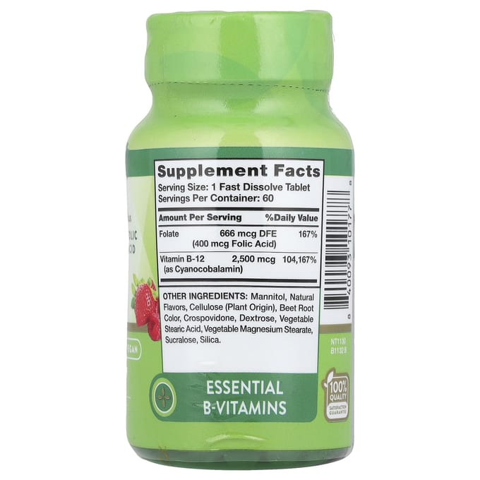 Nature's Truth, met Vitamine B-12, Foliumzuur, Natuurlijke Bessen smaak, 2.500 mcg, 60 Snel Oplossende Tabletten