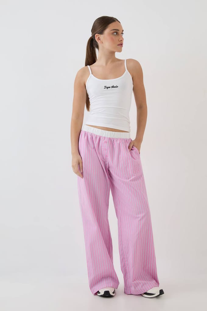 Dames Dsgn Studio Henley Knoop Katoenen Poplin Gestreepte Rechte Pijp Broek | Pink | Maat: Medium