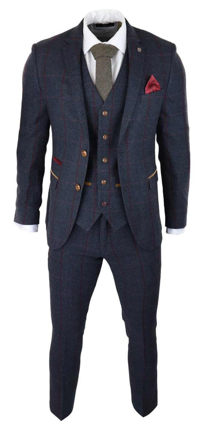 Heren Herringbone Tweed Kostuum 3-delig Marineblauw Peaky Blinders 1920s Tailored Fit