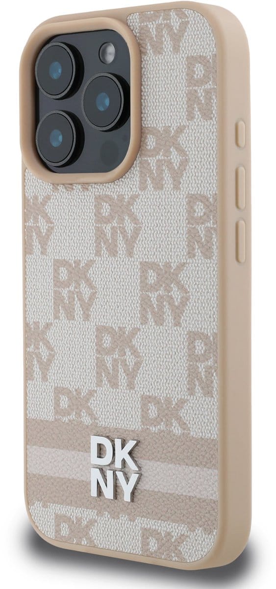 DKNY - Backcover iPhone 16 Pro - Checkered Pattern and Stripe - Roze