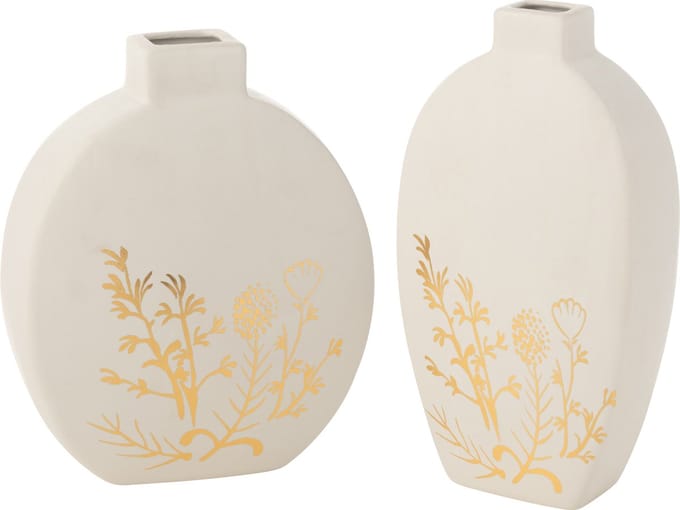 J-Line vaas Bloem Tekening - porselein - goud/wit - large - 2 stuks - 15x 28 cm