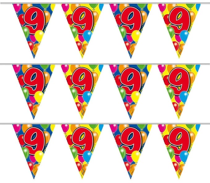 9 jaar Leeftijd versiering vlaggenlijn - 3x - vlaggetjes - verjaardag - 10 meter - plastic