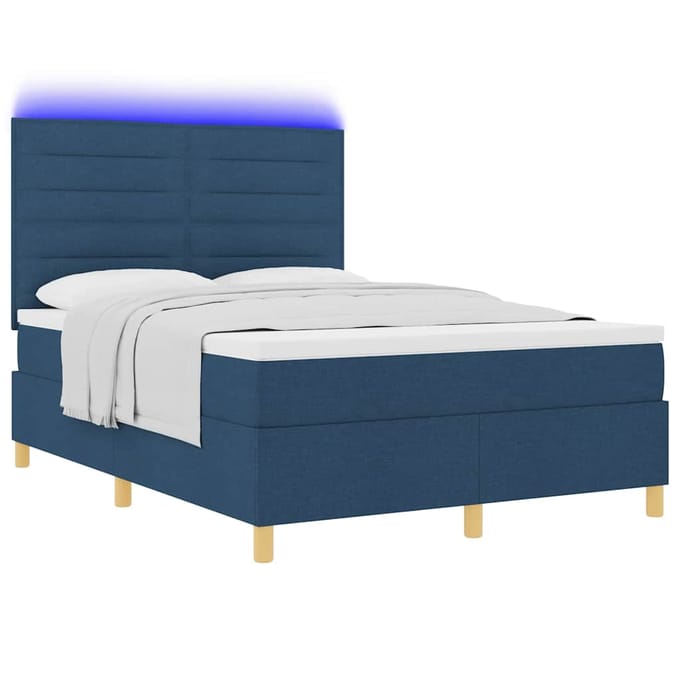 vidaXL - LED - Box - Spring - Bed - met - hoofdeinde - Blauw - 140 - x - 190 - cm - Stof