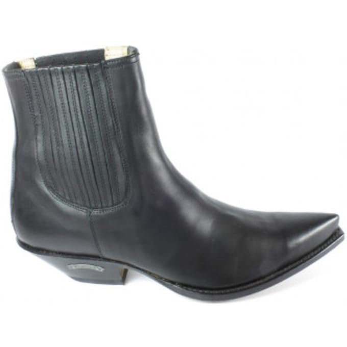 Sendra Boots 1692 Cuervo Zwart Heren Enkellaars Schuine Hak Lederen Zool Spitse Neus Elastiek Sluiting Echt Leer
