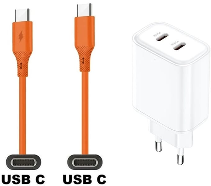 35W super snellader met 2 poorten USB C en USB C + 1,0m USB C naar C kabel. Universele PD lader. Oplader adapter past op JBL LIVE 300TWS, Pulse 4, Quantum 400, Quantum 600, Quantum 800, Quantum ONE, Reflect Mini NC