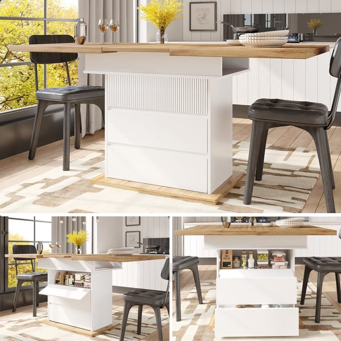 Eettafel - 110-140×80 cm - Telescooptisch Uittrekbaar - Plaatsbesparend, 3 Planken - MDF - Wit