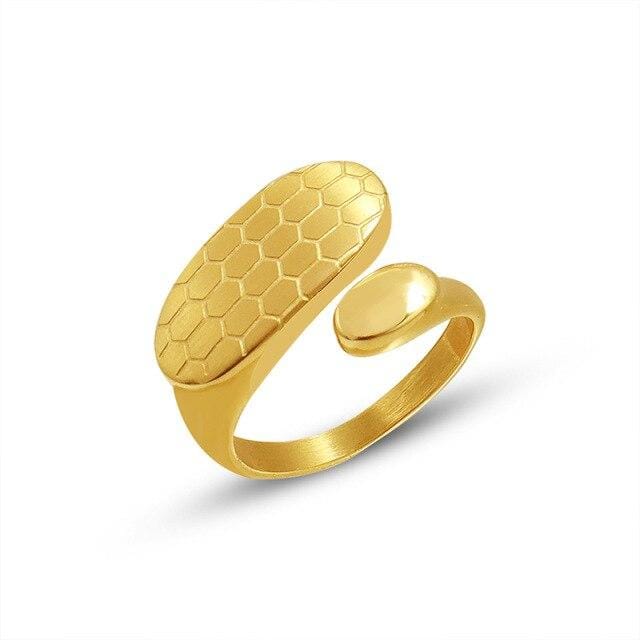 Bague Couleur Or 18k Maille Nid d'Abeille Irrégulière Femmes Acier Inoxydable Bague Ouverte 7 beige