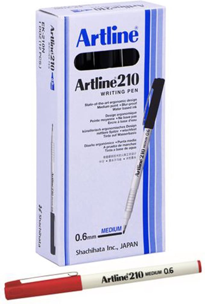 Artline 210 Fineliner - Set 12 Stuks - Medium Punt 0,6mm - Wrijfvast - Rood