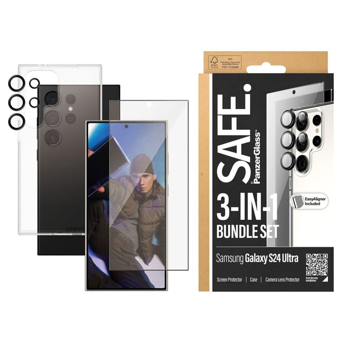 SAFE by PanzerGlass Safe 3-in-1 pack - Hoesje + screenprotector + camera protector geschikt voor Samsung Galaxy S24 Ultra - Transparant