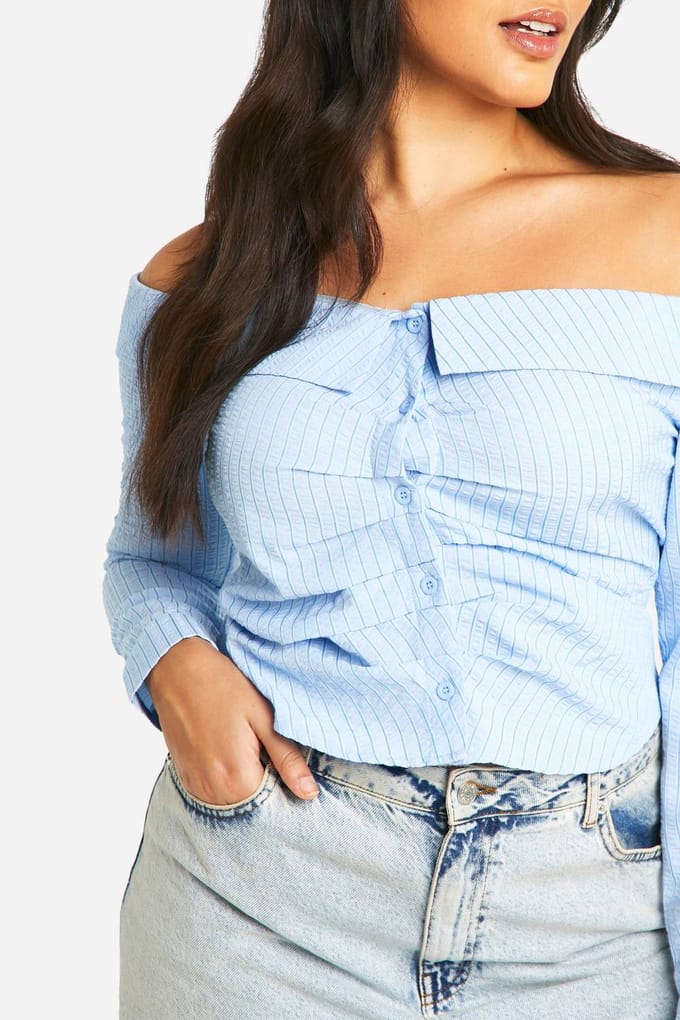 boohoo Dames Plus Bardot gestreept shirt | Lichtblauw | Maat: 56