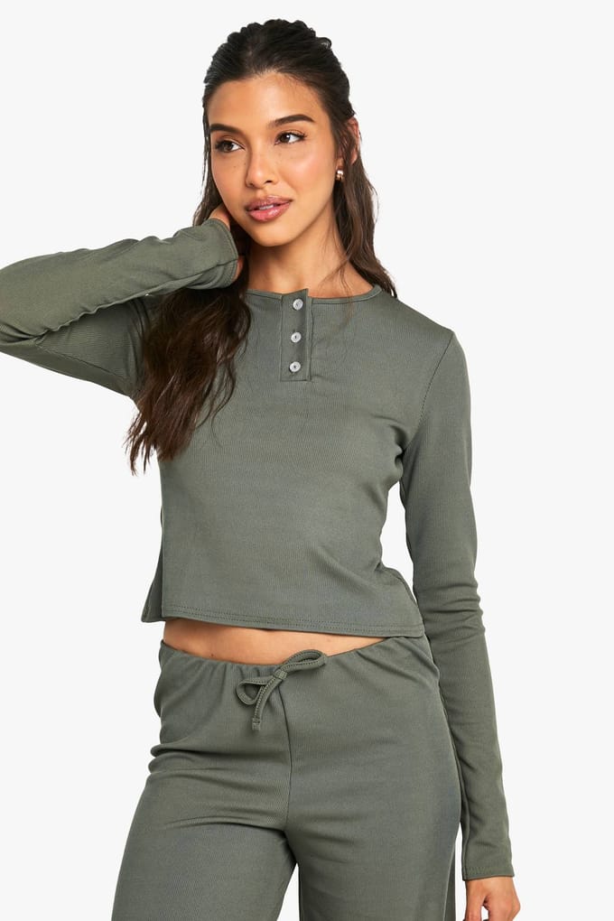 boohoo Dames Rib Button Up Long Sleeve Crop Top And Drawstring Trouser Set | Khaki | Maat: 14