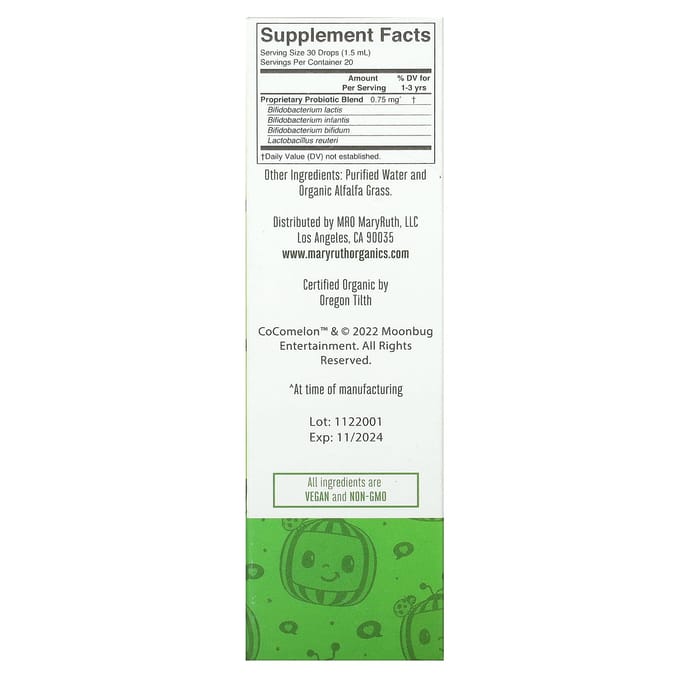 MaryRuth's, Gouttes Probiotiques Liquides pour Tout-Petits, Cocomelon, pour les 1-3 ans, non aromatisé, 1 fl oz (30 ml)