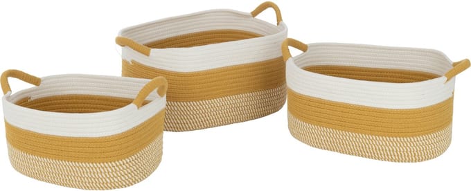 J-Line mand Rechthoek Strepen + Handvatten - textiel - wit/oranje - 3 stuks