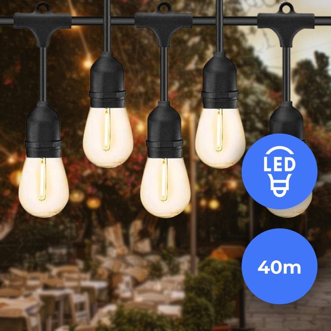 40m Arena LED Prikkabel - IP65 Lichtsnoer Buiten - koppelbaar - inclusief 40x E27 lampen - Incl. Stekker