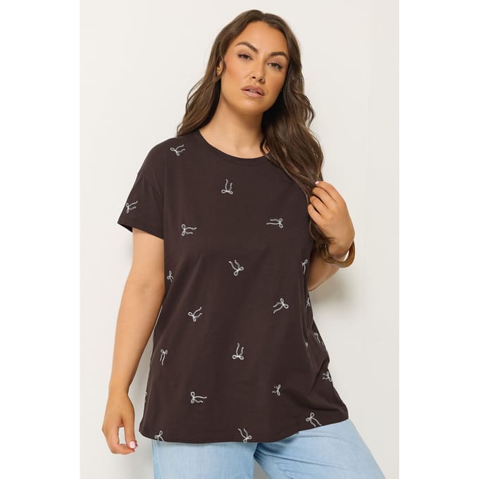 Yours Chocoladebruin Tshirt Met Geborduurde Strik Size 42