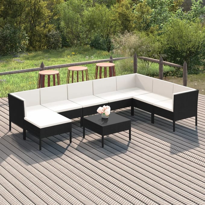 vidaXL - 9-delige - Loungeset - met - kussens - poly - rattan - zwart