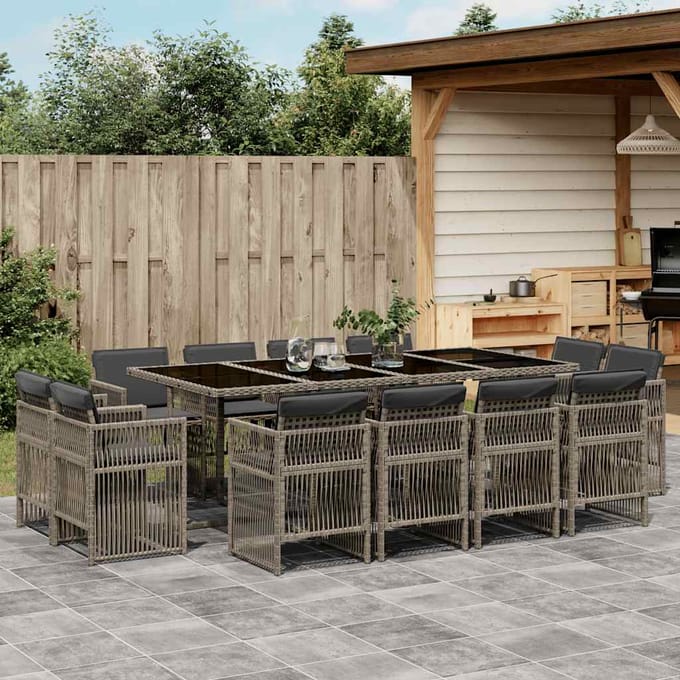 vidaXL - 13-delige - Tuinset - met - kussens - poly - rattan - grijs