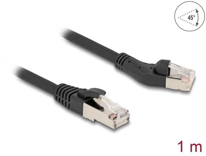 Delock RJ45 Network Cable Cat.8.1 S/FTP plug 45° left angled to plug straight up to 40 Gbps 1 m black