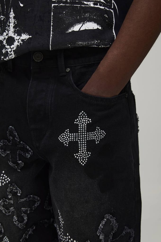 Denim Jorts Met Stras Kruis Applicatie | Black | Size 38