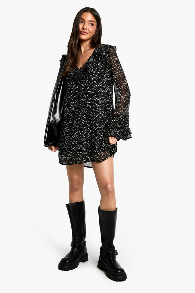 boohoo Dames Polkadot Ruffle Shift Mini-jurk | Black | Maat: 10